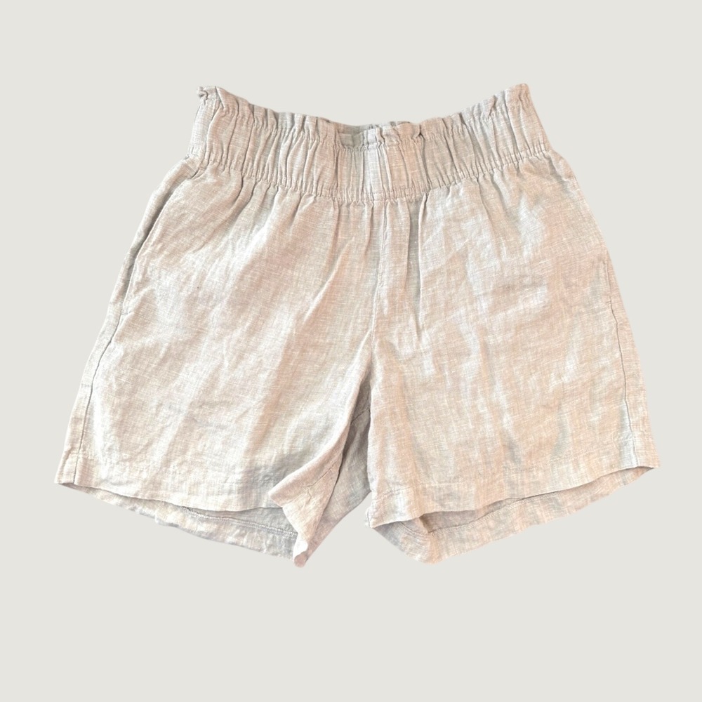 Quince Women Oatmeal Beige 100% European Linen Smocked Waist Shorts XS